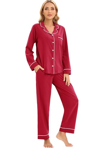 Image of LUBOT 100% Cotton Pajamas for Women Pajama Set Soft 2 Piece Sleepwear PJ Set Long Sleeve Button Knit Cozy Loungewear XS-XXL