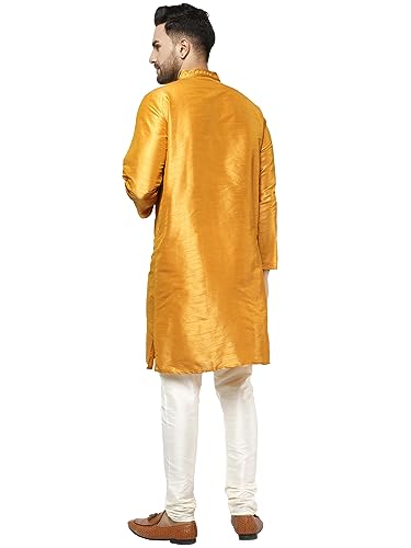 Image of SKAVIJ Men's Dupion Silk Embroidered Kurta Pajama Mandarin Collar Ethnic Motifs Festive Party Dress