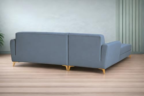 Image of Adorn India Premium Luster 6 Seater L Shape Sofa Set | Velvet Suede Fabric | 3-Year Warranty | LHS |Color Grey with Golden Legs & Striped Pattern Cushion
