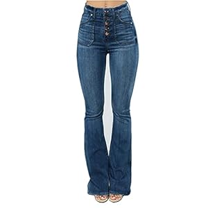 Womens-Skinny-Bell-Bottom-Jeans-High-Rise-Flare-Denims-Bootcut-Denim-Pants Women's Retro Style Skinny Bell Bottom Jeans Classic High Rise Button Fly Flare Jean Mid-Rise Slim Fit Long Bootcut Denim Pants (Navy Blue,Medium)