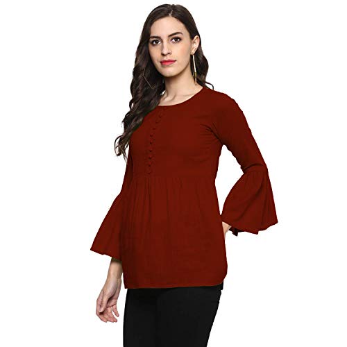 Image of Cotton Plain and Solid Bell Sleeve A-Line Short Round Neck Flared Tunic Top for Girls Women