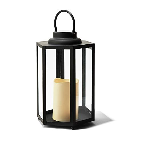 Large Outdoor Lantern For Patio - 14 Inch, Black Metal & Glass, Waterproof Pillar Candle, Dusk To Dawn Timer - Solar Powered Battery Included #TOP7