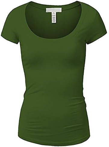 Active Basic Womens Plain Basic Deep Scoop Neck with Cap Short Sleeves - Olive - Large