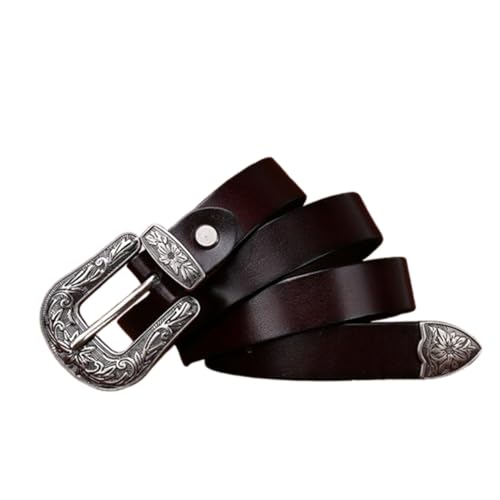 Women's Vintage Leather Western Belt - 2.4cm Wide, Engraved Floral Buckle, Cowgirl Waist Strap For Jeans/Pants/Dresses
