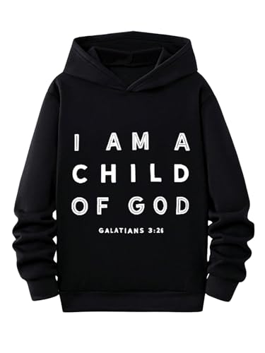 Image of RoseSeek Boy's Long Sleeve Letter Graphic Hoodie Drop Shoulder Hooded Neck Sweatshirts Pullovers Tops Black 11Y