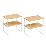 Ekisemio Kitchen Cabinet Organizer, Bamboo Spice Rack Organizer for Cabinet, Stackable & Expandable Counter Shelves, Set of 4, White and Natural - Image 4