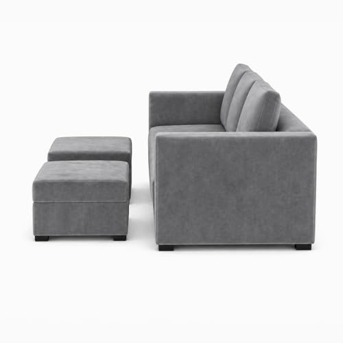 Image of FURNY Revona 5 Seater L Shape Sofa Set with 2 Movable Ottoman | Flexible Left or Right Layout | Plush Velvet Fabric (Dark Grey) | Perfect for Living Room, Guest Room & Office