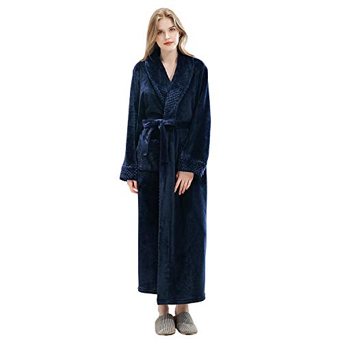 Long Bath Robe for Womens Plush Soft Fleece Bathrobes Nightgown Ladies Pajamas Sleepwear Housecoat (Navy Blue, S/M)