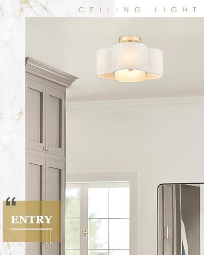 Audickic Gold Semi Flush Mount Ceiling Lights, 14" 4-Light Ceiling Light Fixtures with Fabric Shade in Quatrefoil Shape, Farmhouse Brass Drum Lighting for Kitchen Hallway Bedroom, AD-22007-4SF-GD