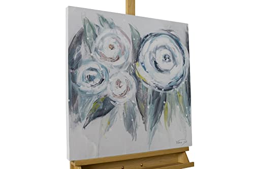Kunstloft Cuadro decorativo | 100% PINTADO A MANO | 60x60cm | Pintura 'Memories of You' | Rosas | Azul | Cuadro moderno en lienzo