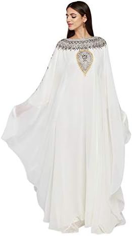 ANIIQ Women Dubai Kaftan Farasha Caftan Long Maxi Dress Long Sleeves Georgette Ethnic, Bridal, Evening, Party, Wedding Dress with Free Scarf, Color- Off White, Size- Free