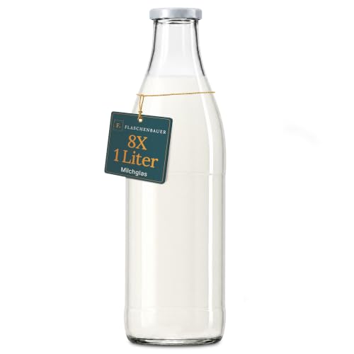 Produktfoto von Flaschenbauer - Milchflaschen 1 Liter 8er Set - Glasflaschen zum Befüllen, weiße Glasflasche mit Twist-Off Deckel TO48&hellip;