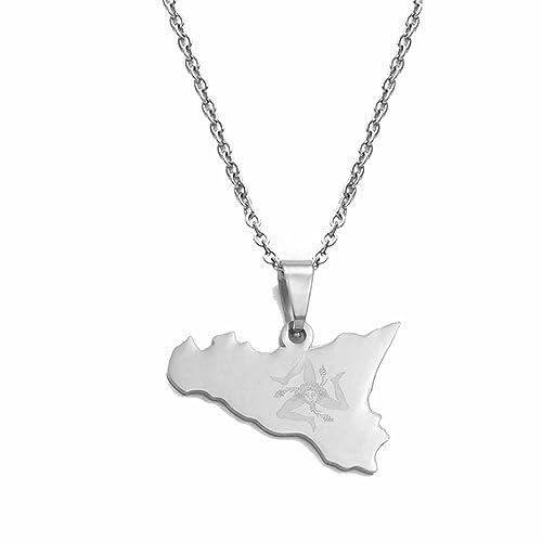 Macracrua Collier avec pendentif carte de la Sicile italienne, bijoux ethniques en acier inoxydable, 60cm or 23.6 Inches, Plaqué or