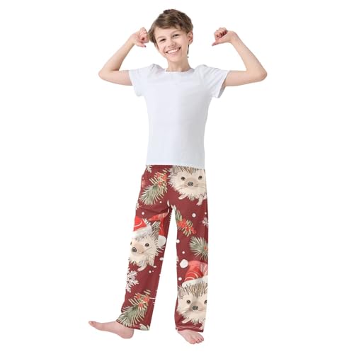 ZZXXB Xmas Hedgehog Pine Branches Boys Long Pants Soft Trousers Elastic Waist Kids Lounge Bottoms with Pockets S-XL2