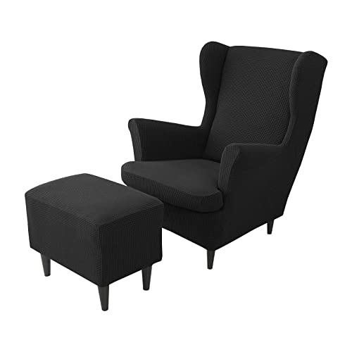 Elegantes fundas para sillón orejero negras de dos piezas con tejido protector de otomana