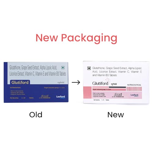 Glutiford Tablets with Glutathione, Grape Seed, Vitamin C & E For Skin Glow, Hydration & Radiance | Daily Skin Nutrition & Antioxidant Support for Smoother, Even-Looking Skin 10 Tab (Pack of 1)