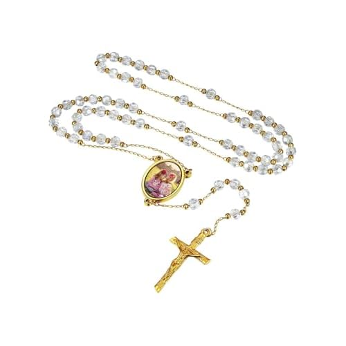 FaithHeart Rosary Beads Catholic Necklace for Men, St Michael/St Christopher/Virgin Mary Prayer Rosaries with Crucifix Cross Stainless Steel Praying Rosary Necklace Z-Photo Custom-Gold Cryst
