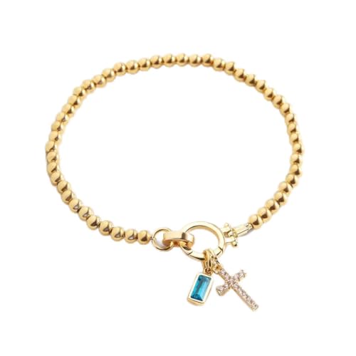 Mint & Lily Cross Charm Birthstone Bracelet for Women | 18K Gold Beaded Stretch Bracelet Waterproof Tarnish Resistant Stainless Steel | Faith Jewelry Gift Birthday | March Aquamarine 7