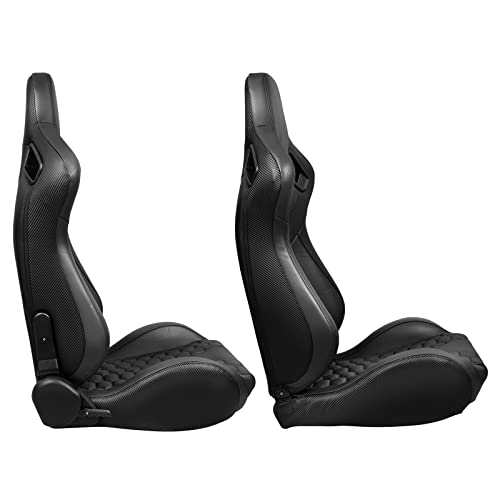 Image of IKON MOTORSPORTS, Universal Racing Seats with Dual Sliders, Reclinable Black PU + Carbon Leather with Hexagonal Quilting Sport Bucket Seats, 1 Pair Driver + Passenger Side