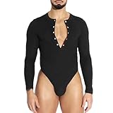 Evankin Men's Sexy Thong Jumpsuit Lingerie Long Sleeve T-Shirt Tight Fitting Shapewear Elastic Bodysuit Lounge Costume(Black-S)