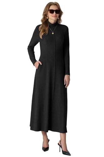 GRECERELLE Women's 2025 Fall Winter Casual Mock Neck Long Sleeve Flared Maxi Sweater Dress with Pockets (XS - 3XL)