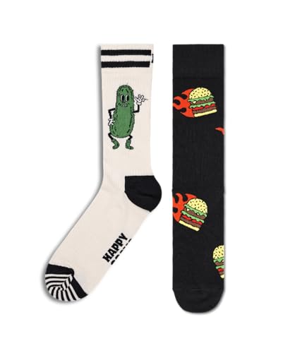Happy Socks 2-Pack Burger & Pickle Mix Socks, bunte Socken aus Baumwolle mit lustigen Motiven