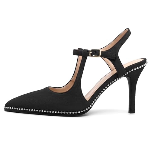 Image of SAMMITOP Womens High Heels Ankle Strap Pointed Toe Stilettos Patent Leather Beaded Pumps Dress Shoes 3.5 Inch