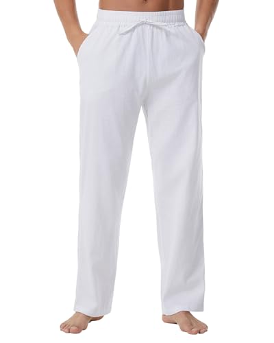 Men's Linen Pants Summer Yoga Beach Baggy Trousers Loose Fit Straight-Legs Elastic Drawstring Waist Casual Pants3