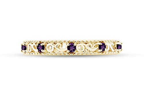 Stackable Ring for Women, 14K Gold Over 925 Sterling Silver with Round Cut Simulated Amethyst, Dainty Band Ring Jewelry Gift for Her (Band width 3.5mm)
