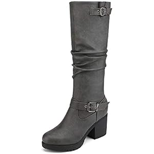 DREAM PAIRS Women's Chunky Heel Knee High Boots Side Zipper Round Toe Boots with Faux Fur Lining 6.5 Grey