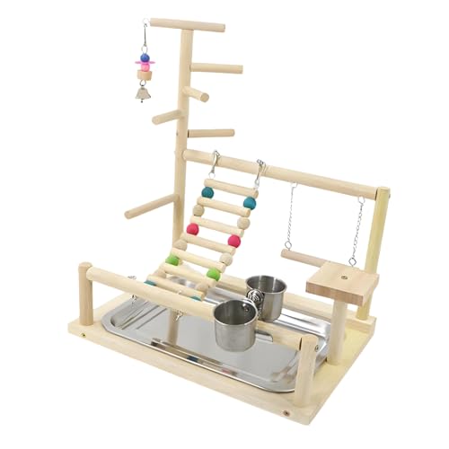 Sacolin Parrot Playstand, Climbing Ladder & Swing,14.6 X 10.2 X 17.3 in, Natural Wood