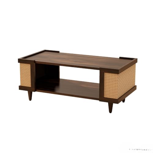 Image of Wooden Center Table for Living Room | Modern Rectangular Center Coffee Table with Open Storage Shelf & Rattan Cane Side Panels | Stylish Wooden Centre Table for Home, Lounge & Drawing Room