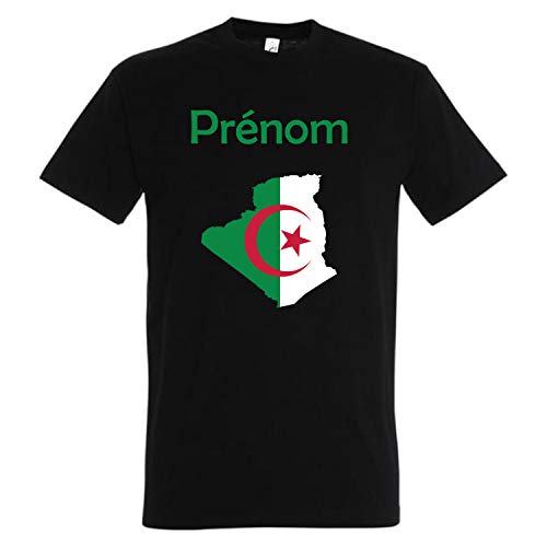 YONACREA T-Shirt Noir Carte Algérie avec Son Drapeau - Personnalisable avec Le prénom de Votre Choix - XL