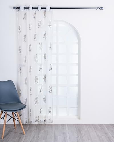 Image of (7 Ft Sheer Tissue with Embroidery Tree Design | Eyelet Window Long Curtain | Window Single Curtain (Golden & Grey) | for Home | (Pack of 1)