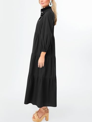 Image of Wenrine Womens Casual 3 /4 Sleeve Shirt Dress Button Down V Neck Tiered Collared Flowy Maxi Dress