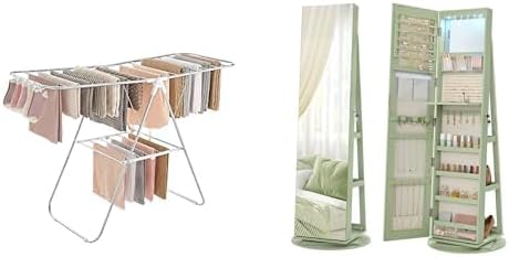 SONGMICS Clothes Drying Rack, 6 LEDs Lockable Mirror Jewelry Cabinet, ULLR052W01 and UJJC007C01