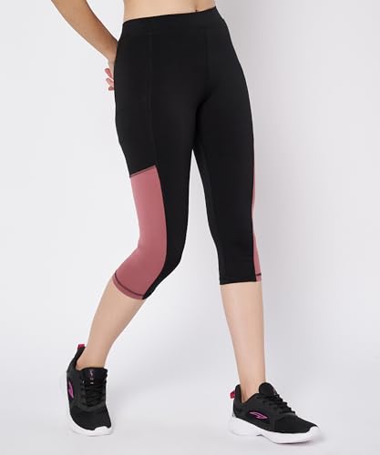Image of Mehrang High-Waisted Capri Leggings with Side Pocket - Black & Contrast Color Block Activewear for Gym, Yoga, and Everyday Comfort for Women