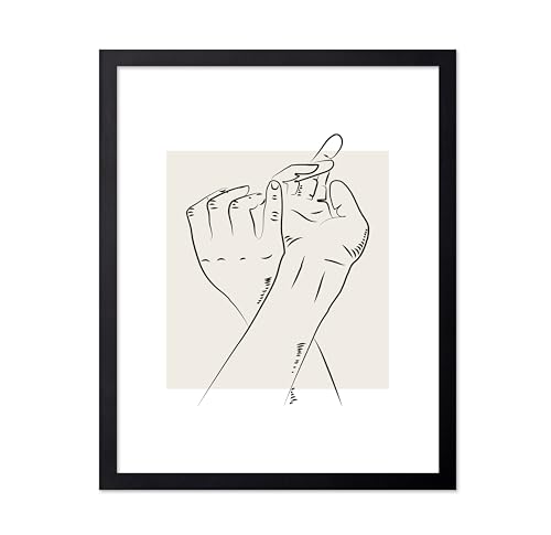 Poster Master Touching Hands Poster - Retro Hand Print - Valentine's Day Illustration - Line Sketch - Abstract Design - Chic Boho Art - Romantic Bedroom or Living Room Decor - 8x10 Black Framed