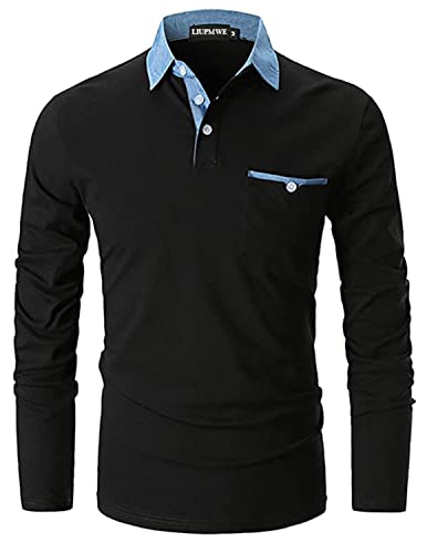 LIUPMWE Homme Polo Manche Longue 100% Coton Contrasté Plaid épissure Lattice T-Shirt M-3XL,Noir-B,XXL