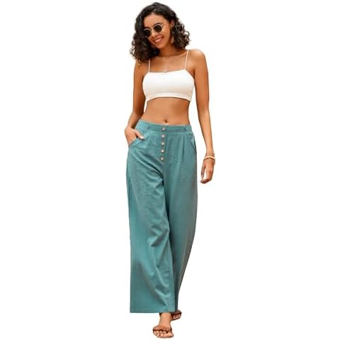 SVALIY Women Linen Wide Leg Palazzo Pants Flowy Casual Boho Trousers Beach Lounge Long Pant with Pockets Green Cover
