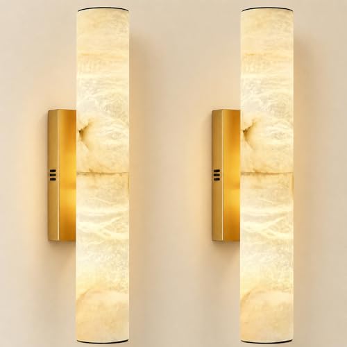 Image of Gold Alabaster Wall Sconces Set of 2, Spanish Natural Marble Wall Sconce, 20 inch Brass Wall Sconce for Bathroom, Indoor Stone Wall Sconces Dimmable, Alabaster Wall Light for Living Room, Bedroom, Hallway