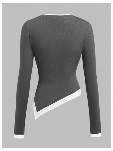 SweatyRocks Girl's Colorblock Crew Neck T Shirt Long Sleeve Asymmetrical Hem Fitted Dressy Casual Tops2