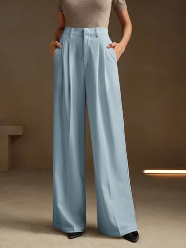 Image of KOTTY Women's High Waist Solid Color Hook and Bar Wide Leg Trousers Loose Comfort Trouser with Pockets