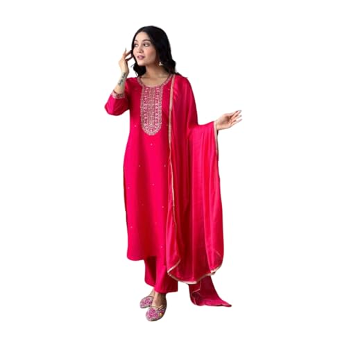 Image of Shiv Textiles Women's Chanderi Silk Embroidered Kurta Pant Dupatta Set(JDA-Lilly-Rani-S)