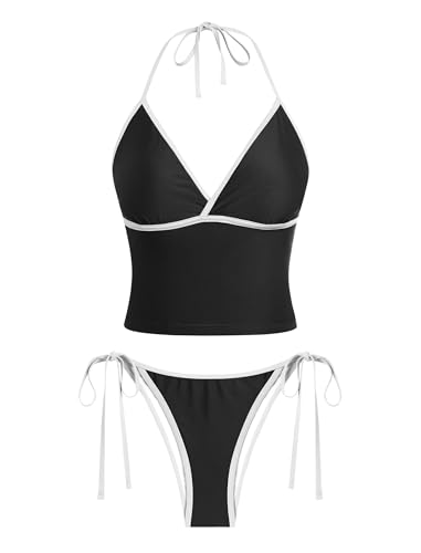 ZAFUL Women Halter Tankini Swimsuits Tie Side Thong Cute Tankini Swimsuits 2 Pieces Bathing Suit Swimwear Black S