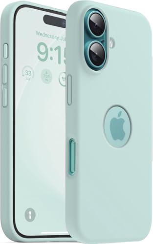 Image of Elzzi Microfiber Logo Cut Cover Compatible for iPhone 16 Plus Case Liquid Silicone Cases Full Body Protective Covers Anti Fingerprint Back Cover with High Raised Camera Lips (6.7 inch, Mint Green)