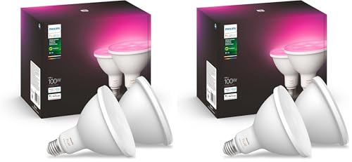 Image of Philips Hue Smart 100W PAR38 LED Bulb, White & Color Ambiance Color-Changing Light, 1300LM, E26, Control with Hue App, Compatible with Alexa, Google Assistant and Apple Homekit (Pack of 4)