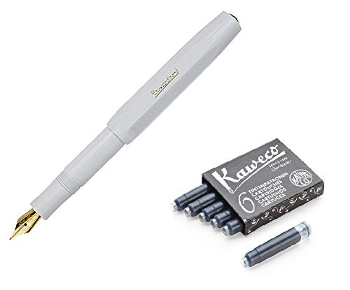 Kaweco Classic Sport Fine Nib Fountain Pen + Pack of 6 Black Ink Cartridges Set (White)