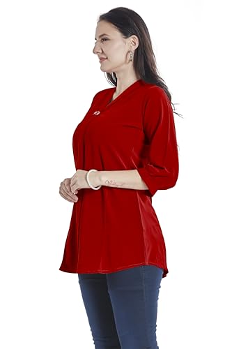 Image of nioni Women's Purple Poly Linen Blend Tunic Top with 3 /4 Sleeves, Printed Yoke, Kantha Stitch Detailing & Mandarin Collar