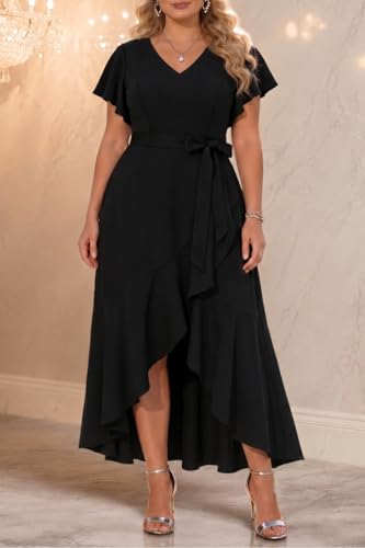 Image of Women Plus Size Wedding Guest Dress - Formal Cocktail Split Ruffle V Neck High Low Party Long Maxi Dresses